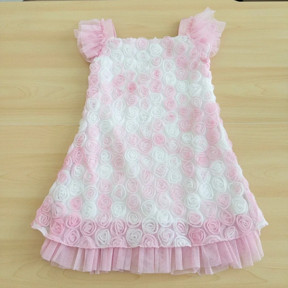 Jona Michelle Girls‎ Dress 4T Pink White 3D Rosette Tulle Ruffle Princess Dainty